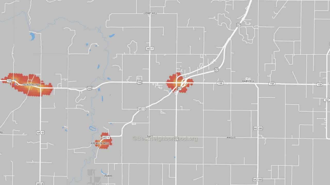 Walk Grade map of Harviell, MO, walkable areas in green and car-dependent areas in red