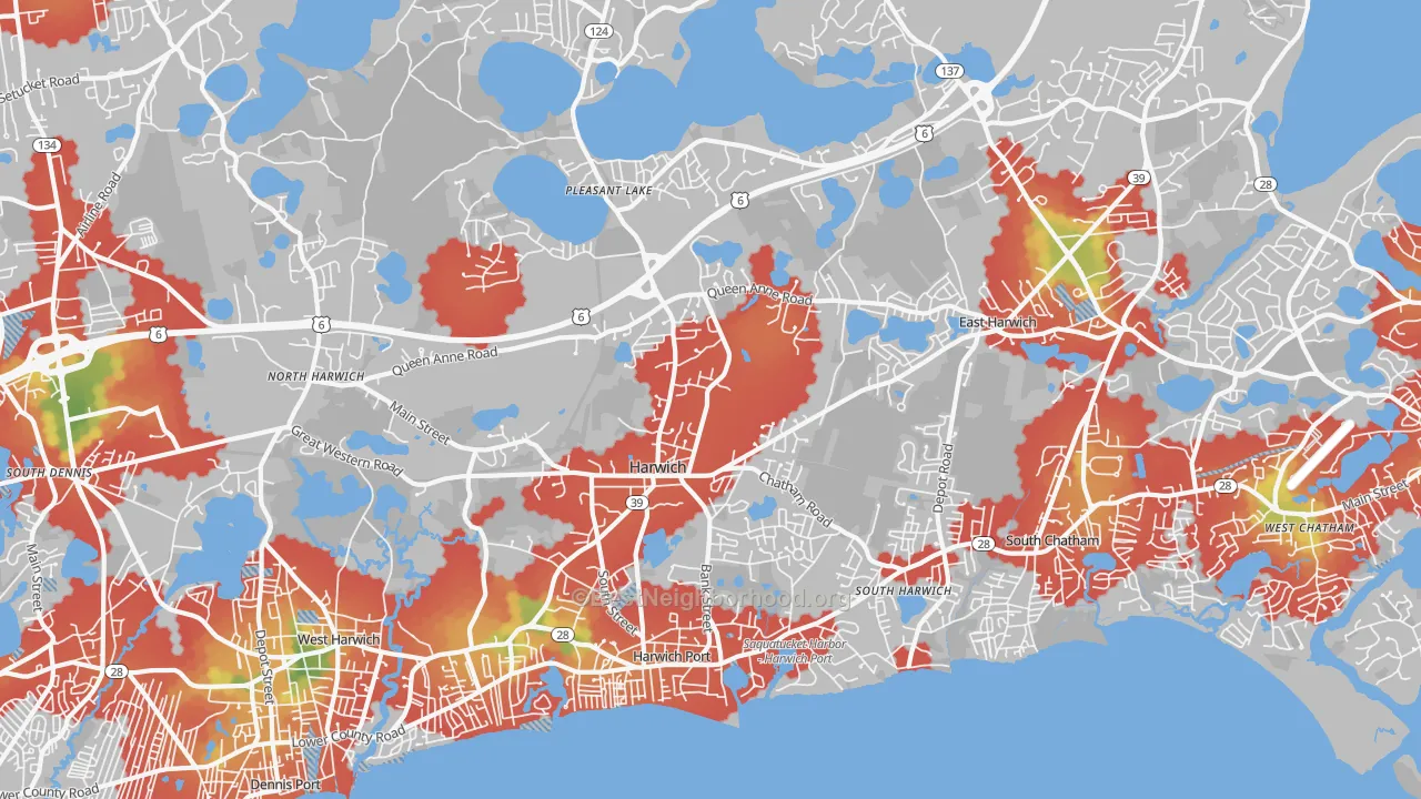 Walk Grade map of Harwich, MA, walkable areas in green and car-dependent areas in red