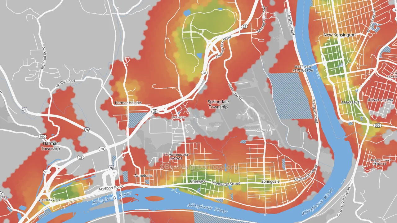 Walk Grade map of Harwick, PA, walkable areas in green and car-dependent areas in red