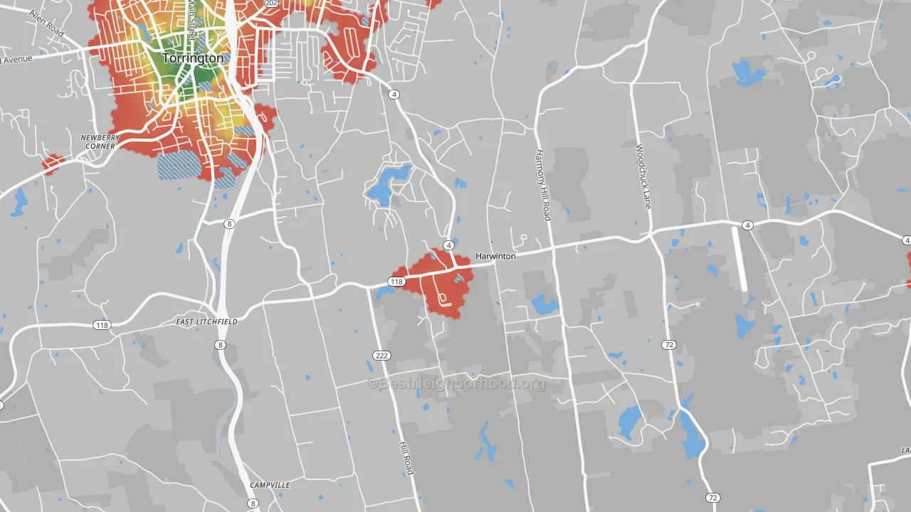 Walk Grade map of Harwinton, CT, walkable areas in green and car-dependent areas in red