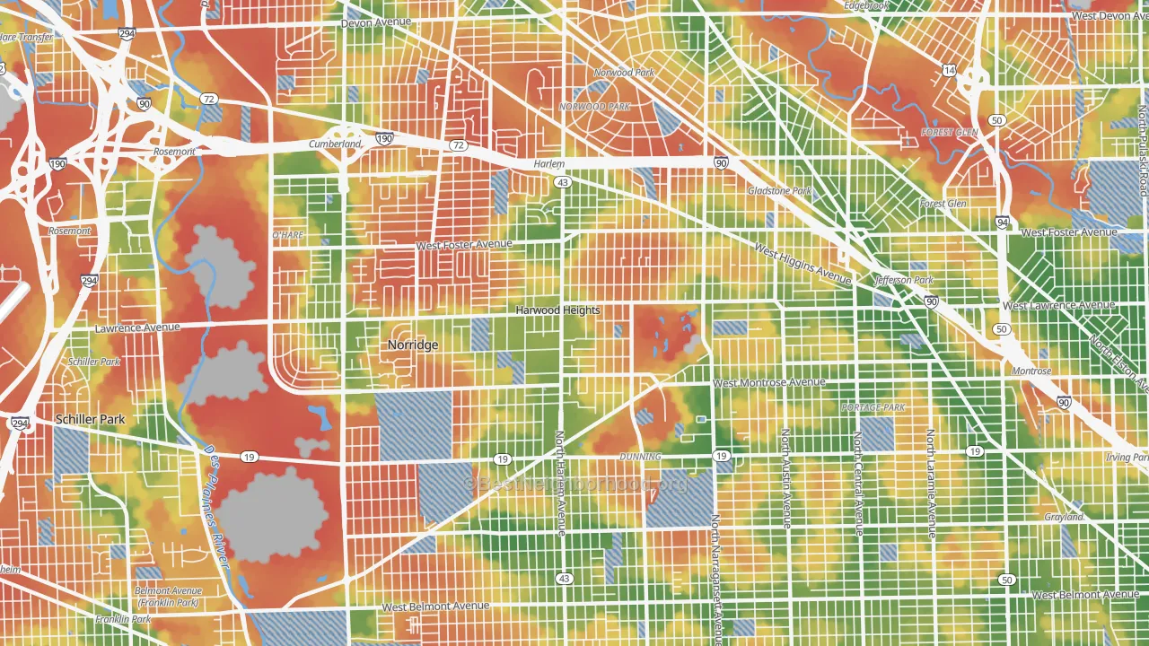 Walk Grade map of Harwood Heights, IL, walkable areas in green and car-dependent areas in red