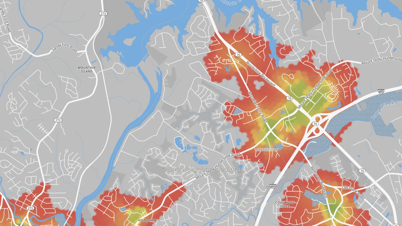 Walk Grade map of Harwood Lane, Charlotte, NC, walkable areas in green and car-dependent areas in red