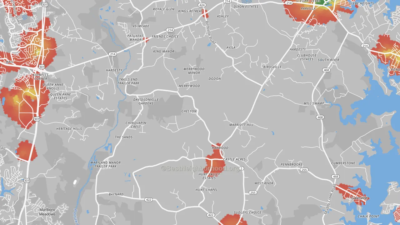 Walk Grade map of Harwood, MD, walkable areas in green and car-dependent areas in red