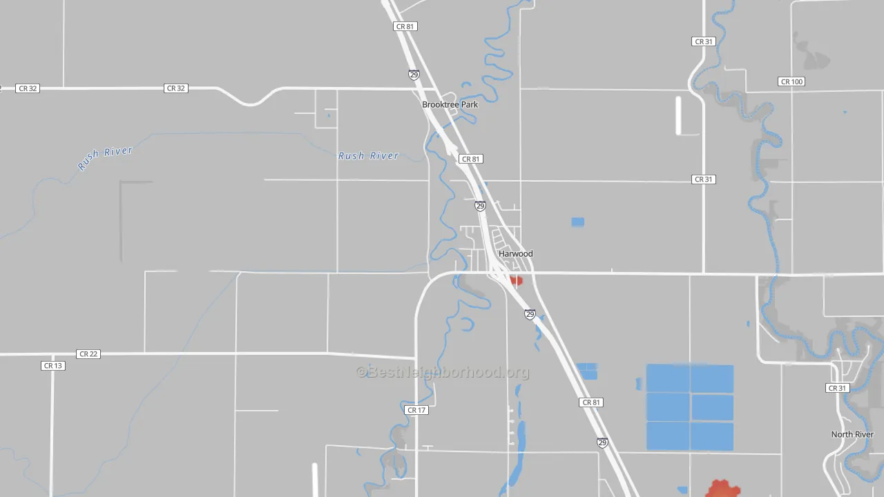 Walk Grade map of Harwood, ND, walkable areas in green and car-dependent areas in red