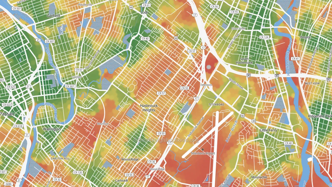 Walk Grade map of Hasbrouck Heights, NJ, walkable areas in green and car-dependent areas in red