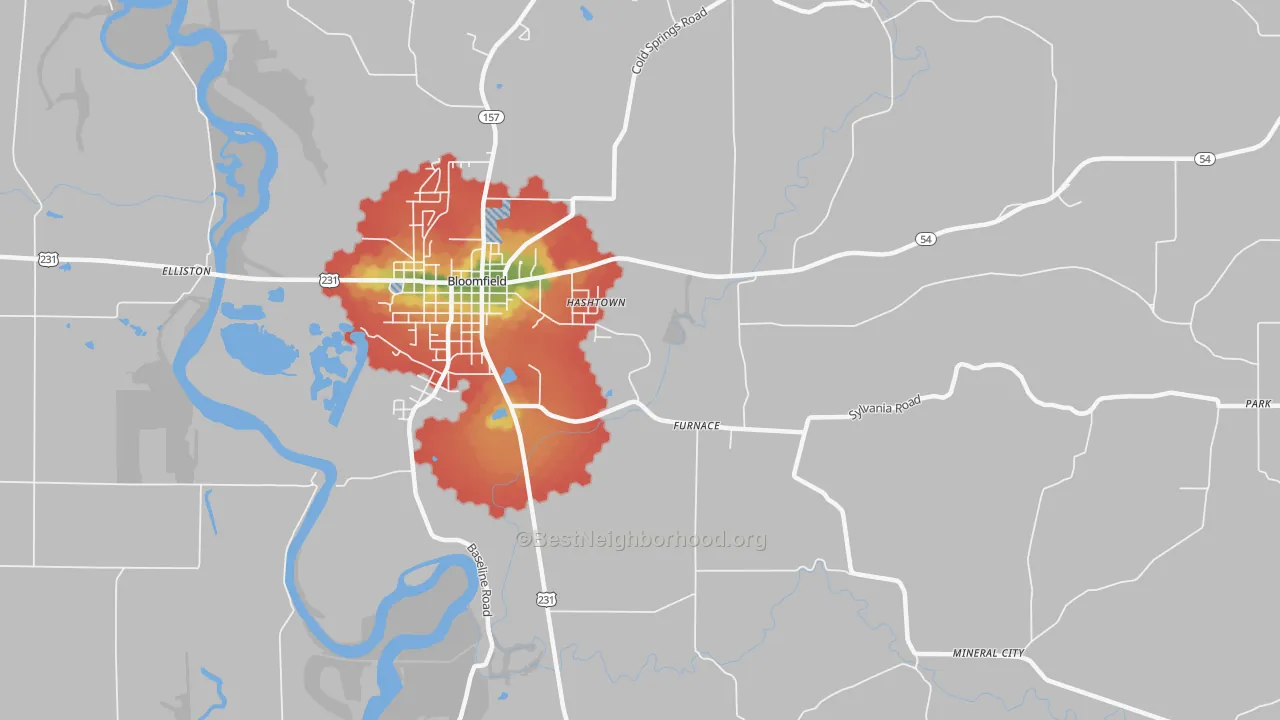 Walk Grade map of Hashtown, IN, walkable areas in green and car-dependent areas in red