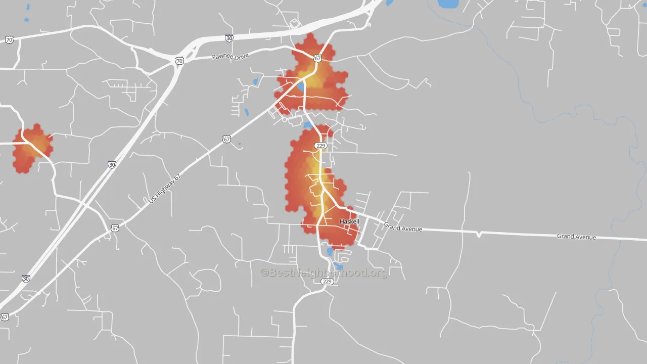 Walk Grade map of Haskell, AR, walkable areas in green and car-dependent areas in red