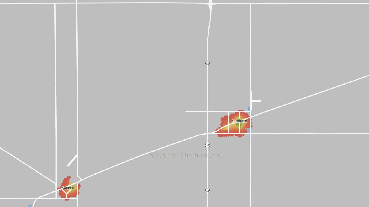 Walk Grade map of Haskell County, KS, walkable areas in green and car-dependent areas in red