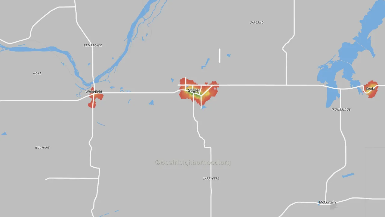 Walk Grade map of Haskell County, OK, walkable areas in green and car-dependent areas in red