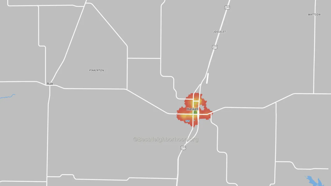 Walk Grade map of Haskell County, TX, walkable areas in green and car-dependent areas in red