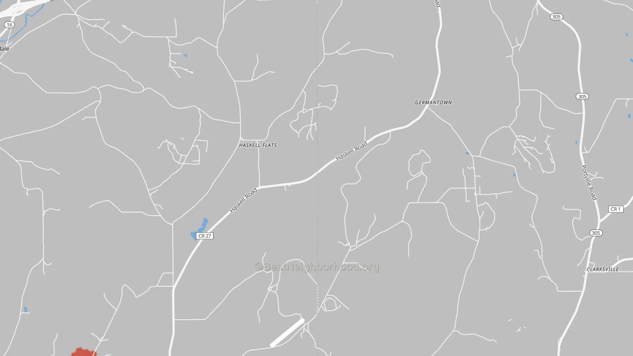 Walk Grade map of Haskell Flats, NY, walkable areas in green and car-dependent areas in red