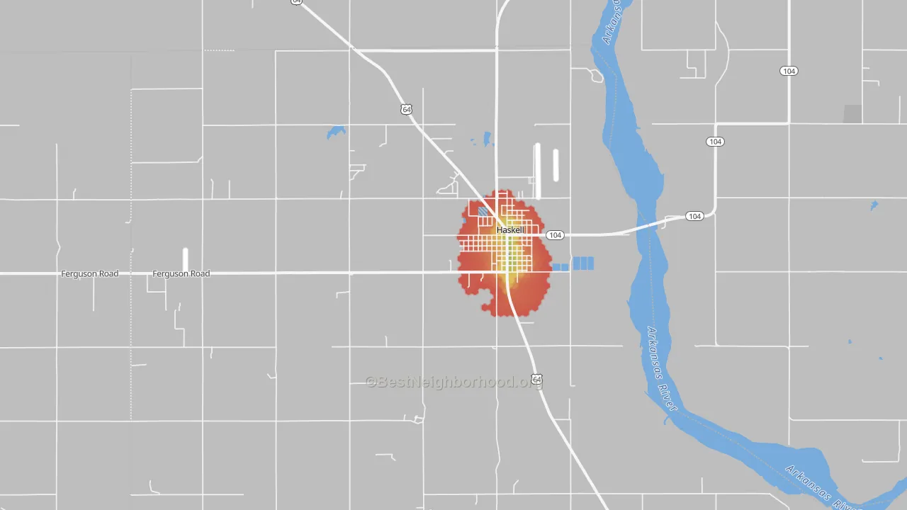 Walk Grade map of Haskell, OK, walkable areas in green and car-dependent areas in red