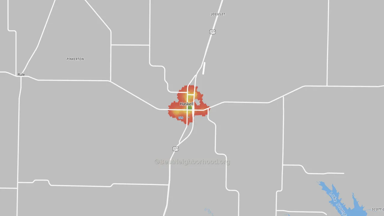 Walk Grade map of Haskell, TX, walkable areas in green and car-dependent areas in red