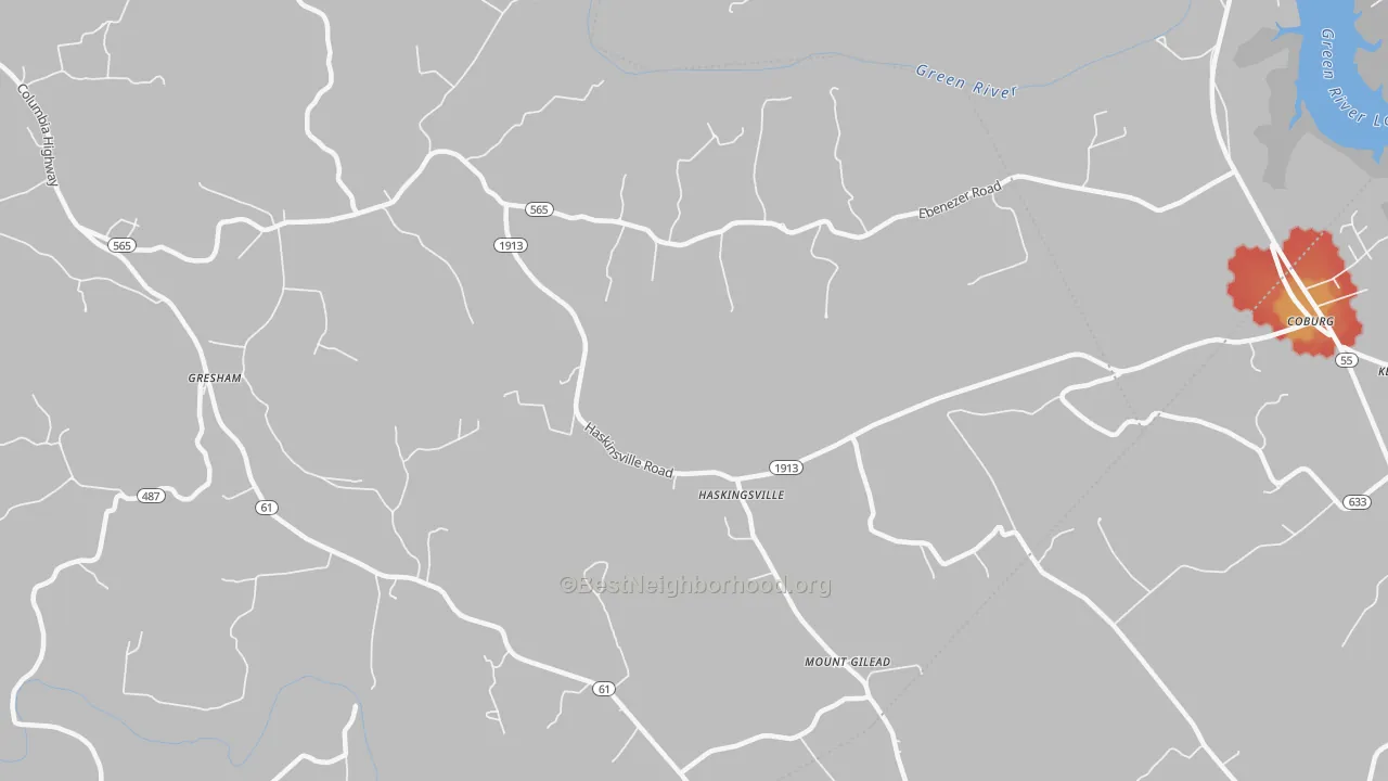 Walk Grade map of Haskingsville, KY, walkable areas in green and car-dependent areas in red