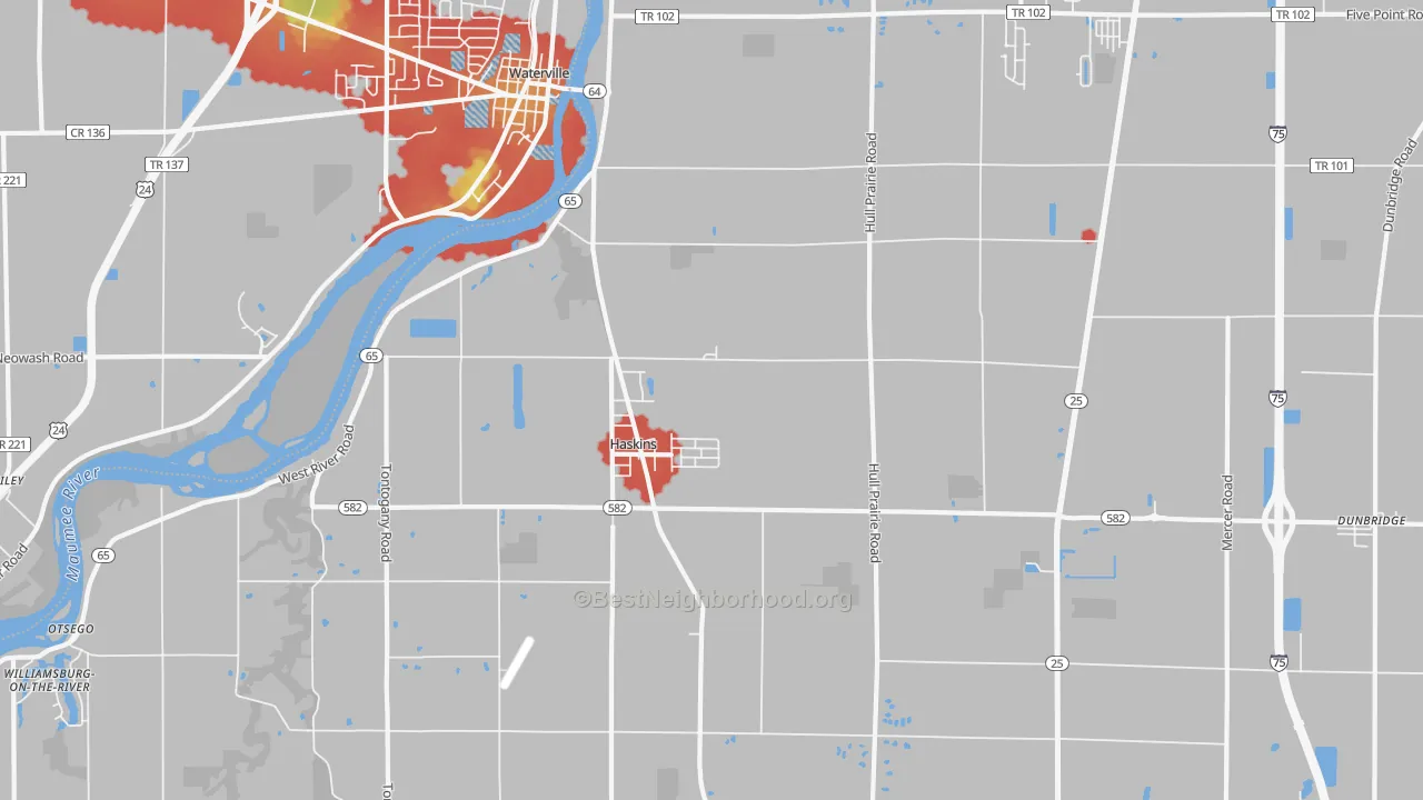 Walk Grade map of Haskins, OH, walkable areas in green and car-dependent areas in red