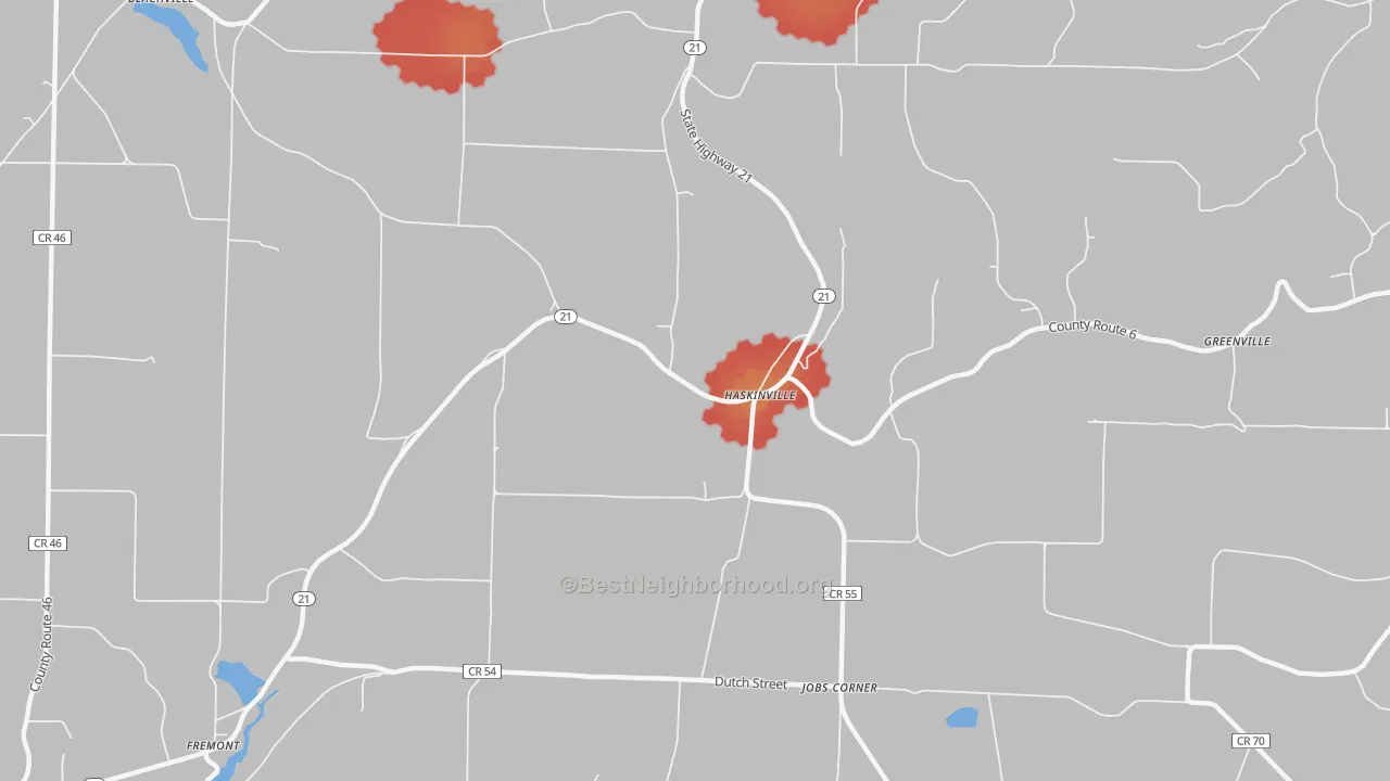 Walk Grade map of Haskinville, NY, walkable areas in green and car-dependent areas in red