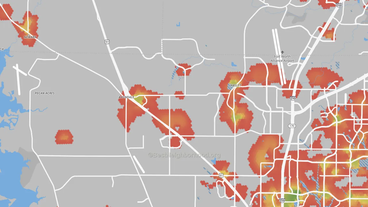 Walk Grade map of Haslet, TX, walkable areas in green and car-dependent areas in red