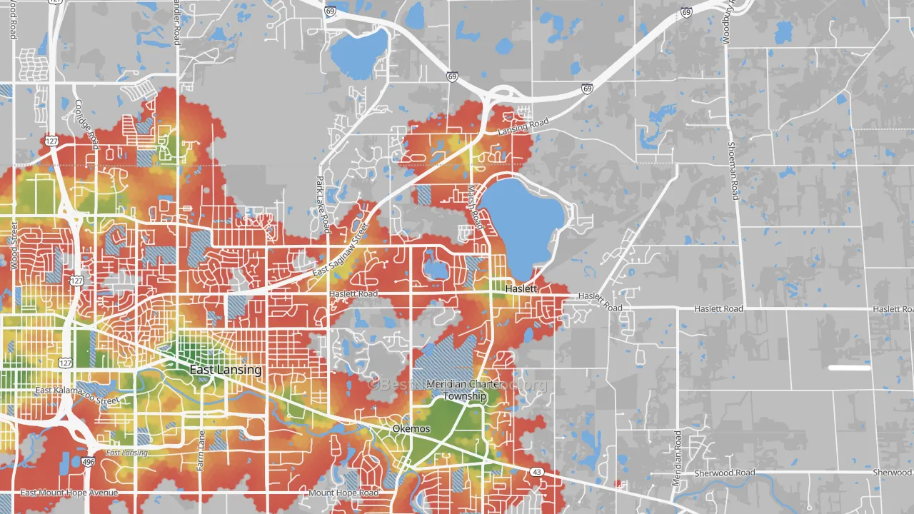 Walk Grade map of Haslett, MI, walkable areas in green and car-dependent areas in red