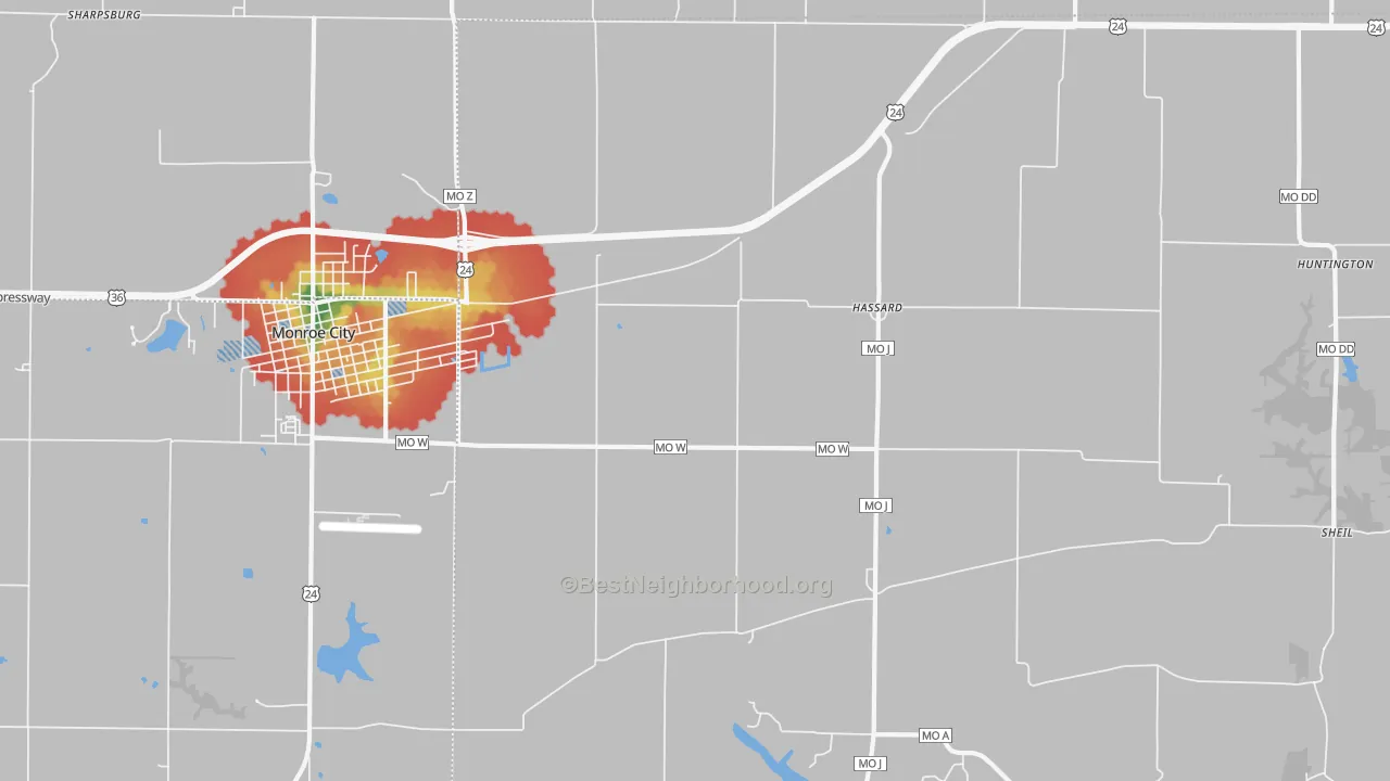 Walk Grade map of Hassard, MO, walkable areas in green and car-dependent areas in red