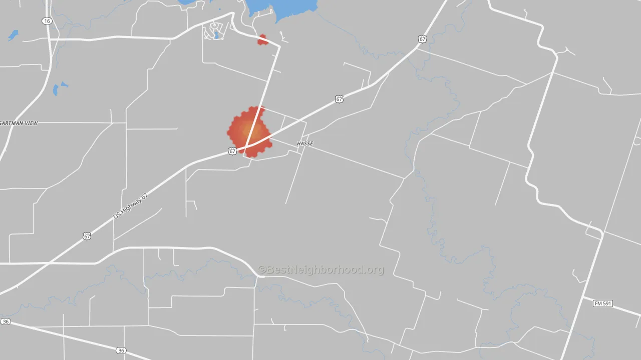Walk Grade map of Hasse, TX, walkable areas in green and car-dependent areas in red