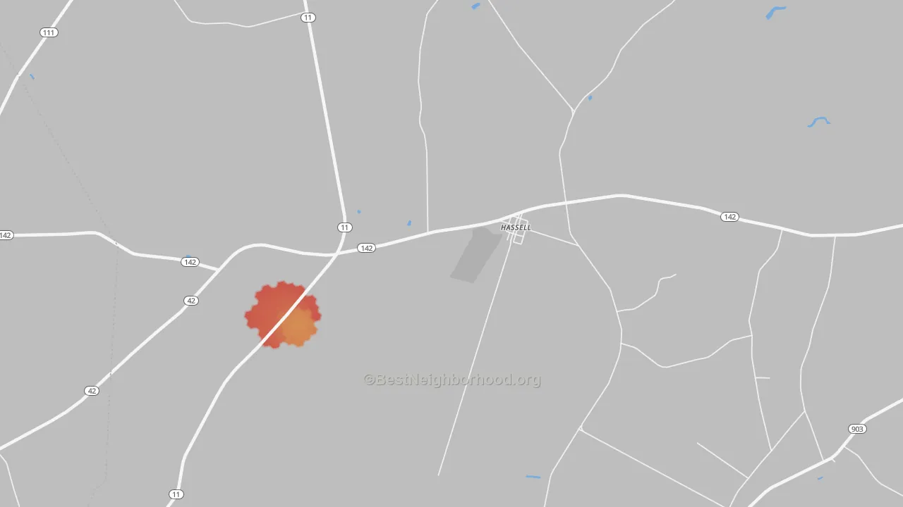 Walk Grade map of Hassell, NC, walkable areas in green and car-dependent areas in red