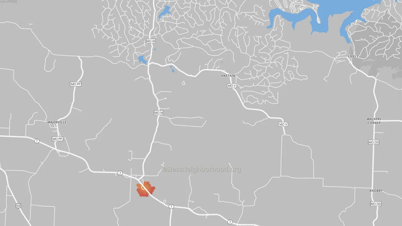 Walk Grade map of Hastain, MO, walkable areas in green and car-dependent areas in red