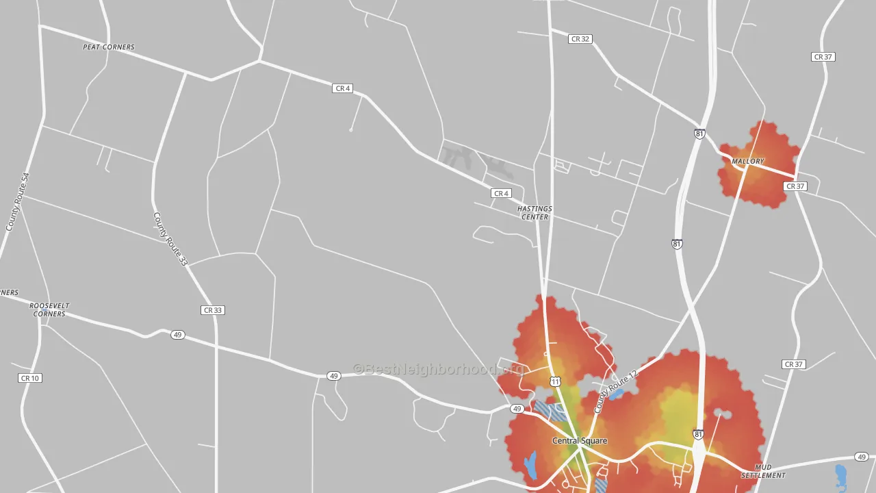 Walk Grade map of Hastings Center, NY, walkable areas in green and car-dependent areas in red