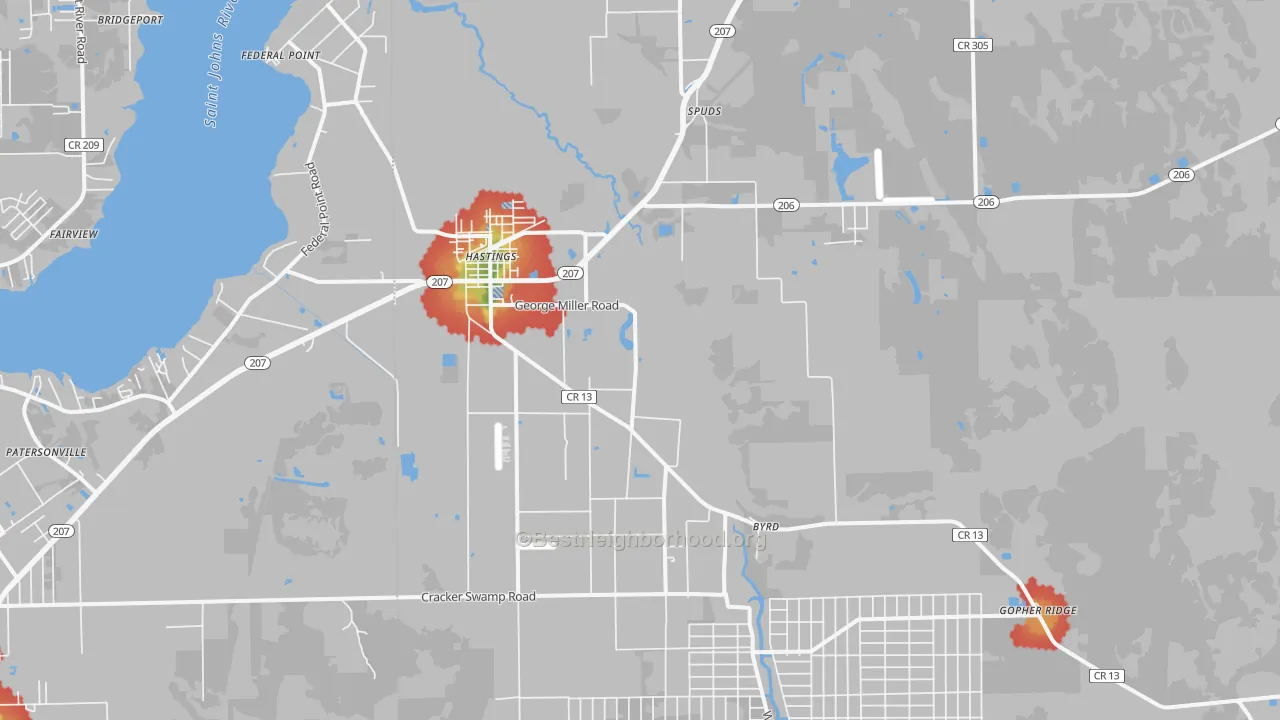 Walk Grade map of Hastings, FL, walkable areas in green and car-dependent areas in red