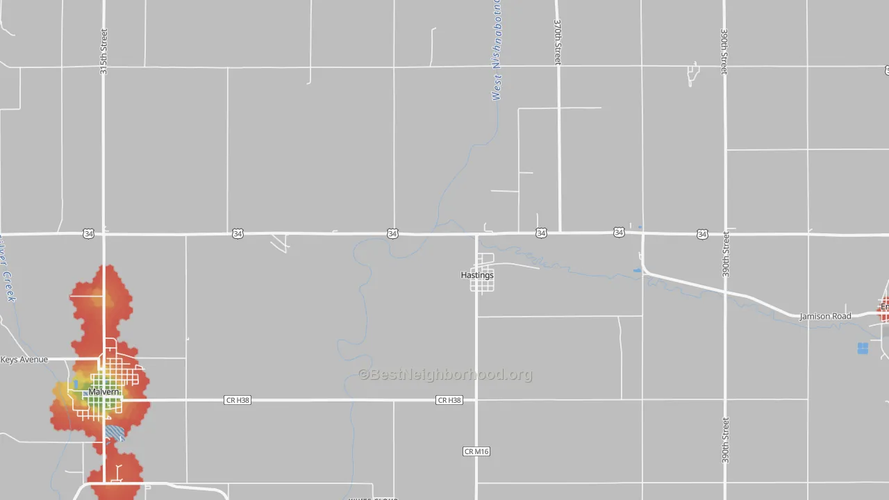 Walk Grade map of Hastings, IA, walkable areas in green and car-dependent areas in red
