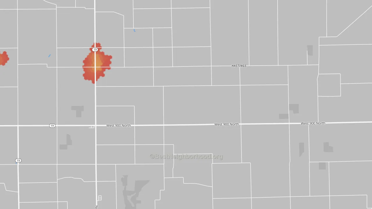 Walk Grade map of Hastings, IN, walkable areas in green and car-dependent areas in red