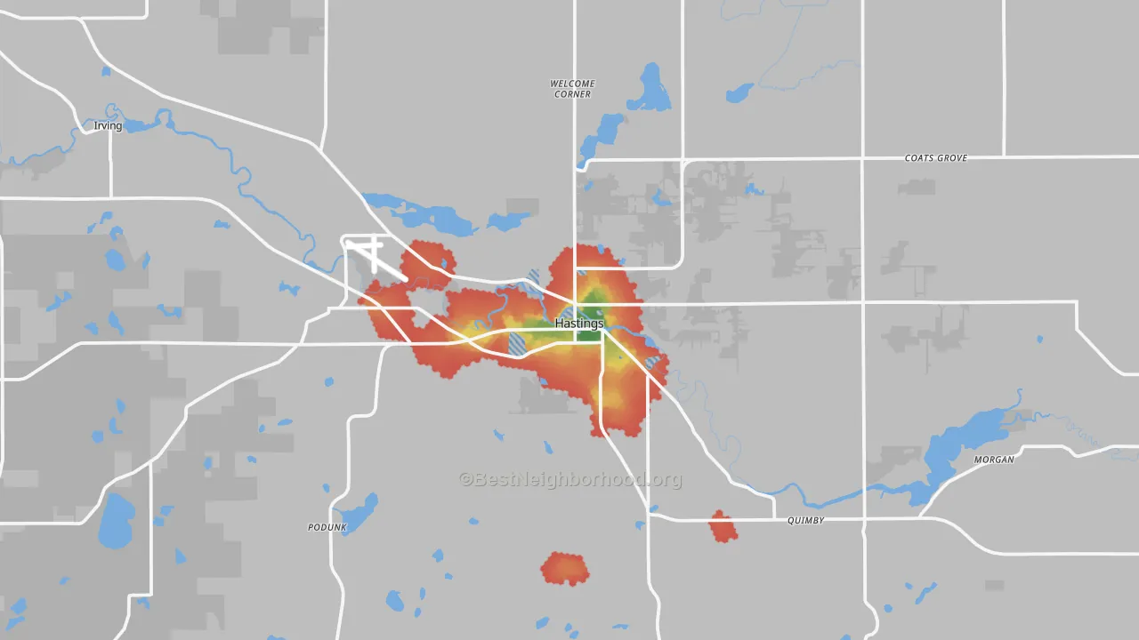Walk Grade map of Hastings, MI, walkable areas in green and car-dependent areas in red