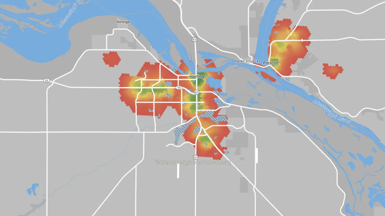 Walk Grade map of Hastings, MN, walkable areas in green and car-dependent areas in red