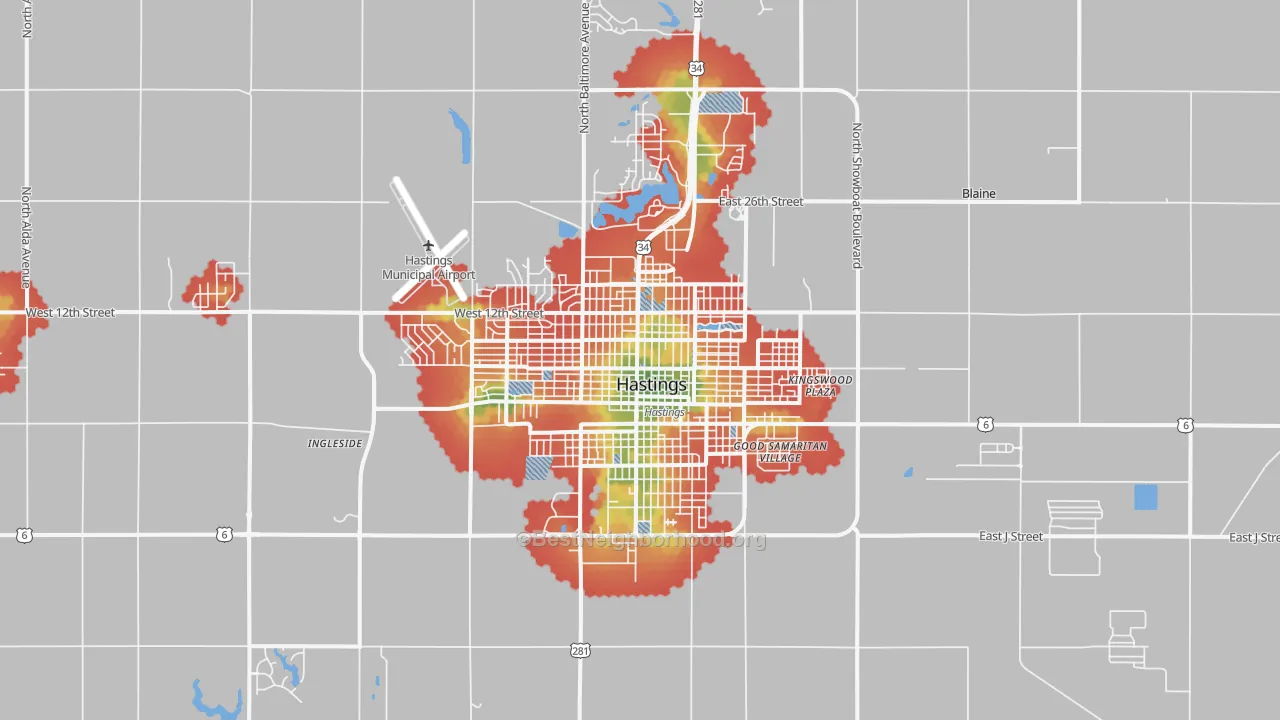 Walk Grade map of Hastings, NE, walkable areas in green and car-dependent areas in red