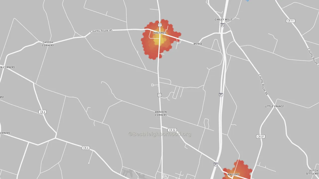Walk Grade map of Hastings, NY, walkable areas in green and car-dependent areas in red