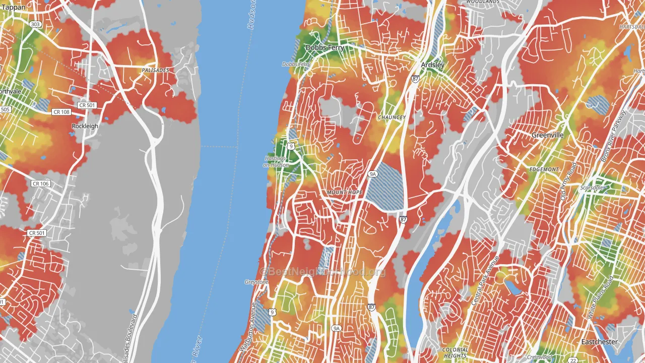 Walk Grade map of Hastings-on-Hudson, NY, walkable areas in green and car-dependent areas in red