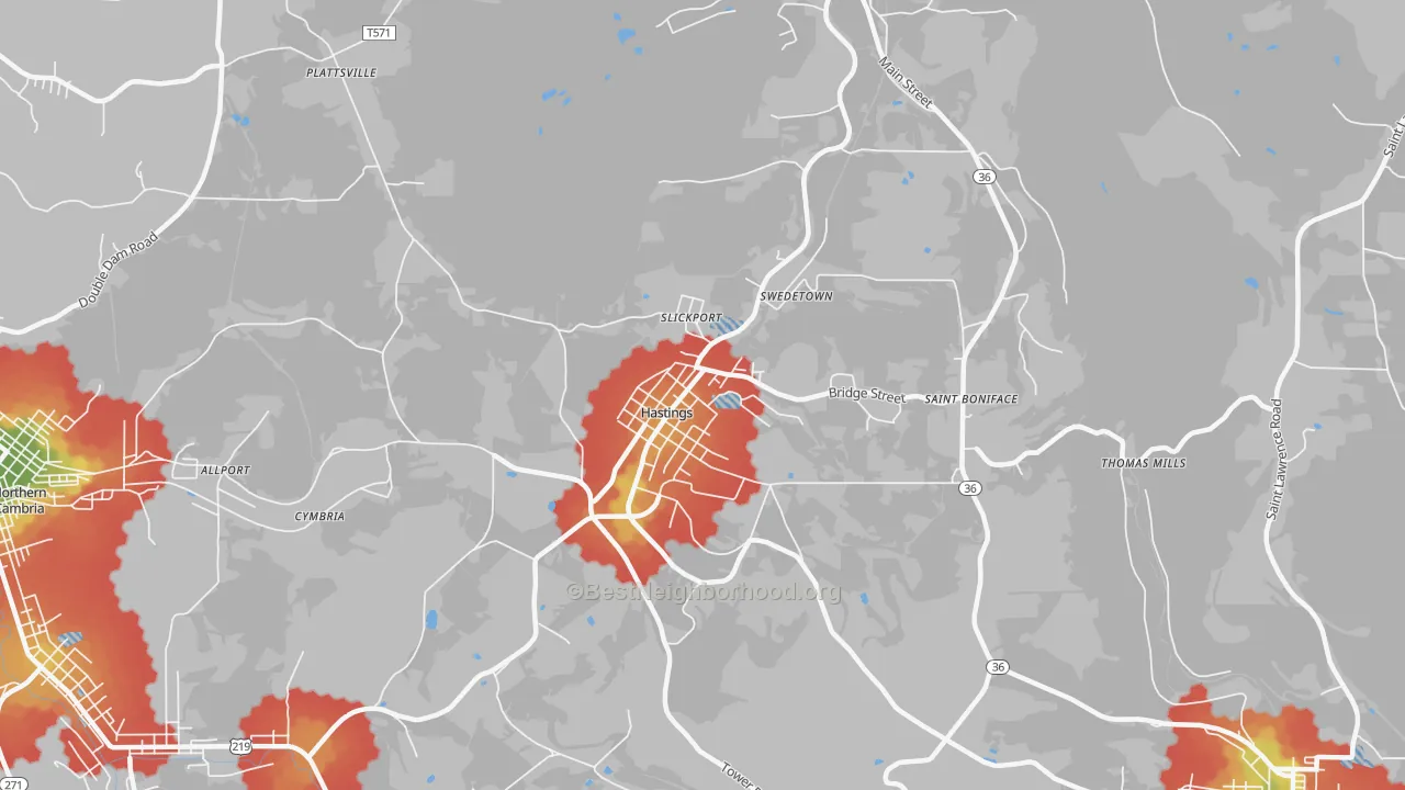 Walk Grade map of Hastings, PA, walkable areas in green and car-dependent areas in red