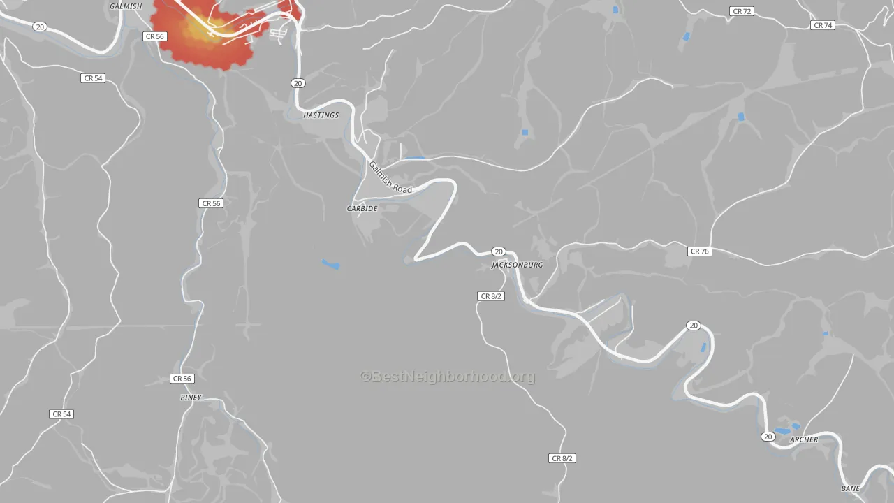 Walk Grade map of Hastings, WV, walkable areas in green and car-dependent areas in red