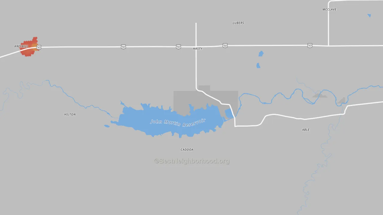 Walk Grade map of Hasty, CO, walkable areas in green and car-dependent areas in red