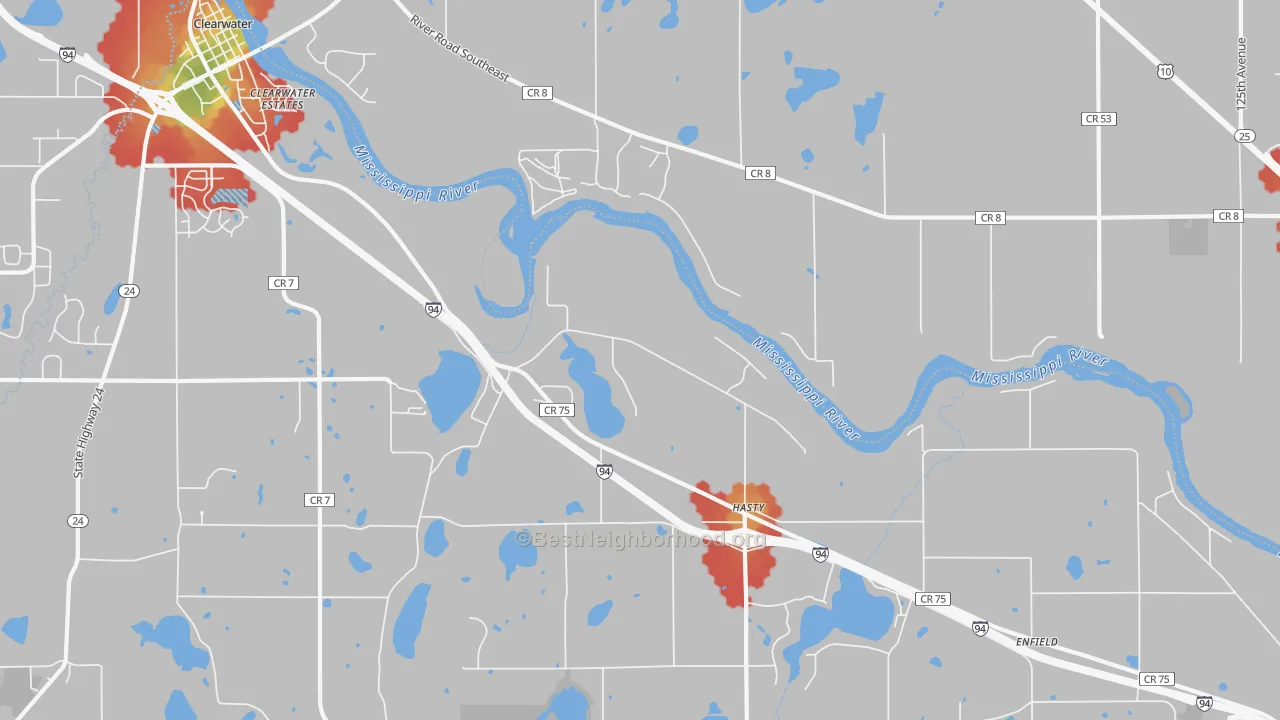 Walk Grade map of Hasty, MN, walkable areas in green and car-dependent areas in red