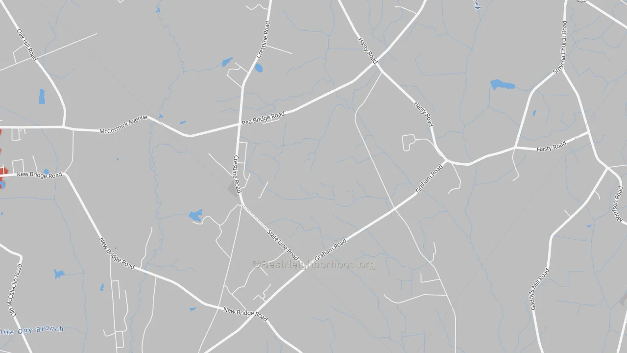 Walk Grade map of Hasty, NC, walkable areas in green and car-dependent areas in red
