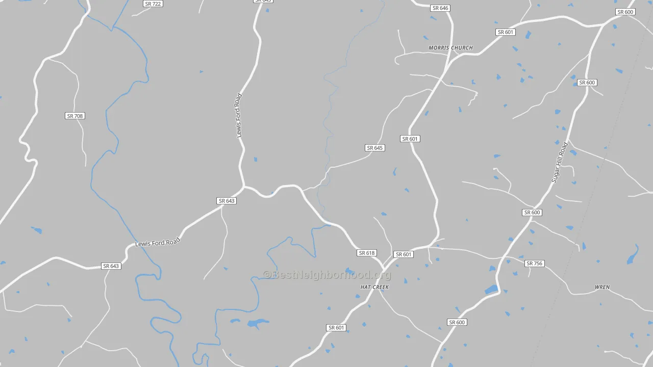Walk Grade map of Hat Creek, VA, walkable areas in green and car-dependent areas in red