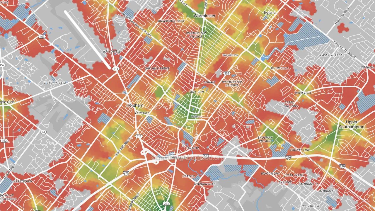 Walk Grade map of Hatboro, PA, walkable areas in green and car-dependent areas in red