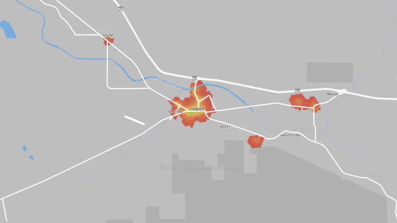 Walk Grade map of Hatch, NM, walkable areas in green and car-dependent areas in red