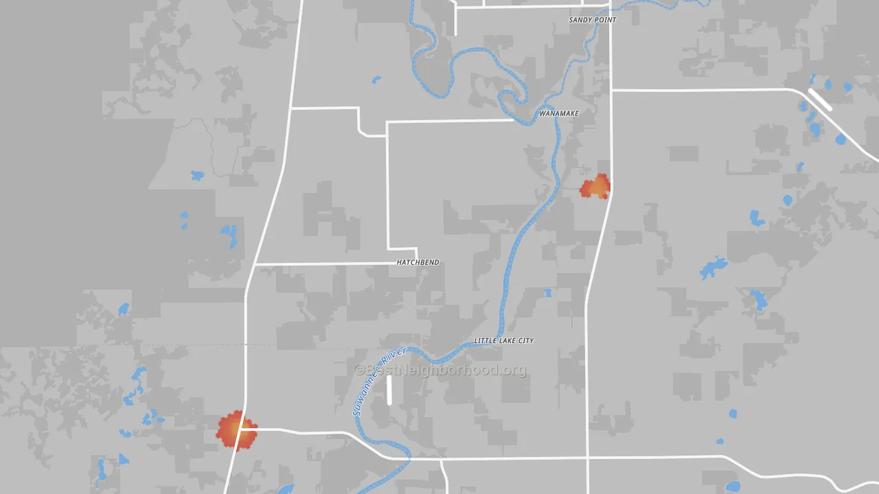 Walk Grade map of Hatchbend, FL, walkable areas in green and car-dependent areas in red