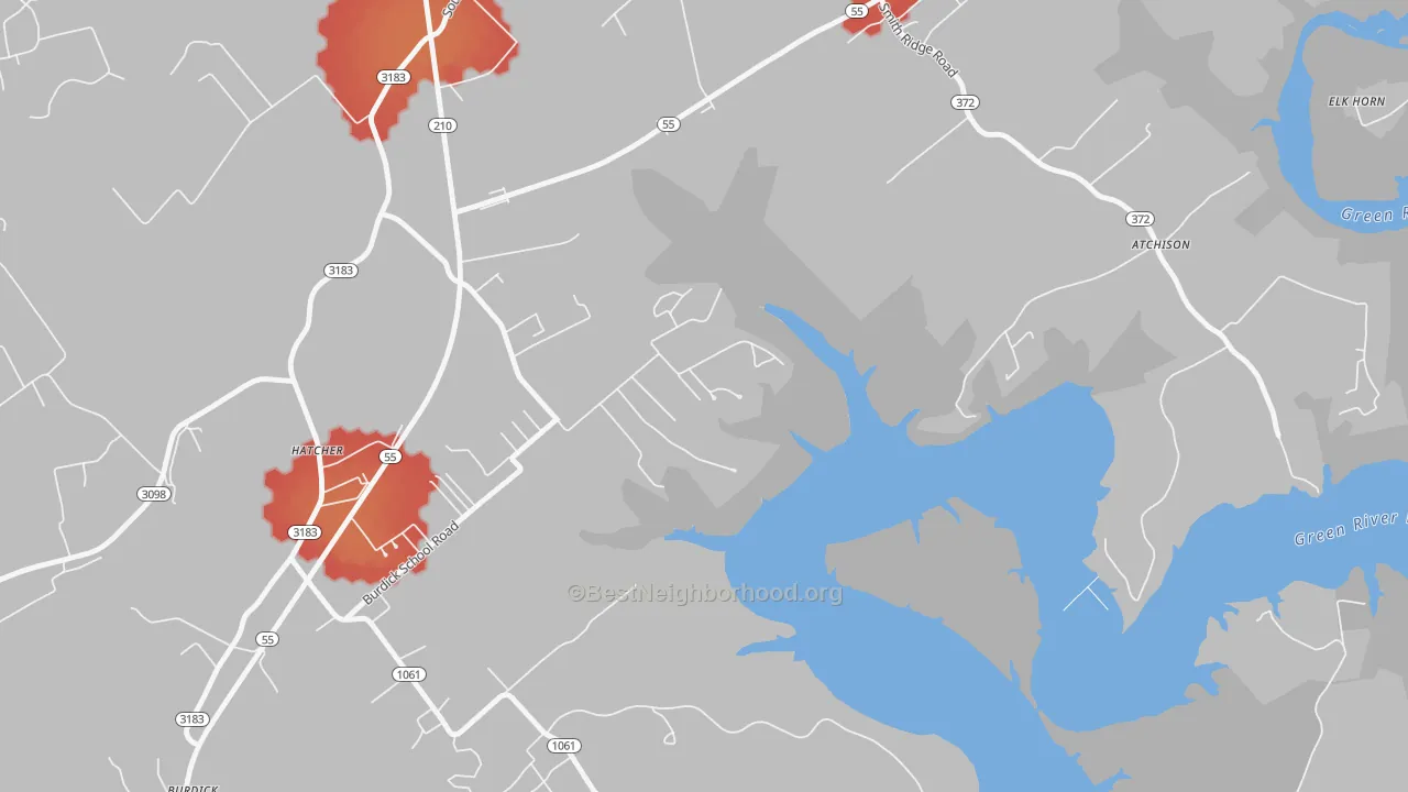 Walk Grade map of Hatcher, KY, walkable areas in green and car-dependent areas in red