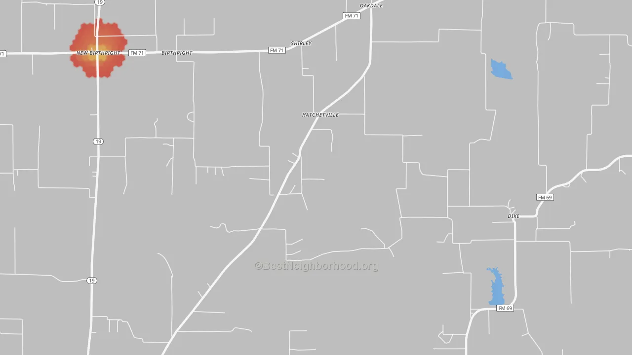 Walk Grade map of Hatchetville, TX, walkable areas in green and car-dependent areas in red