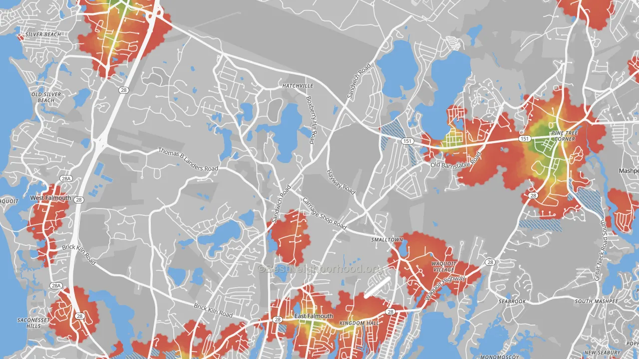 Walk Grade map of Hatchville, East Falmouth, MA, walkable areas in green and car-dependent areas in red