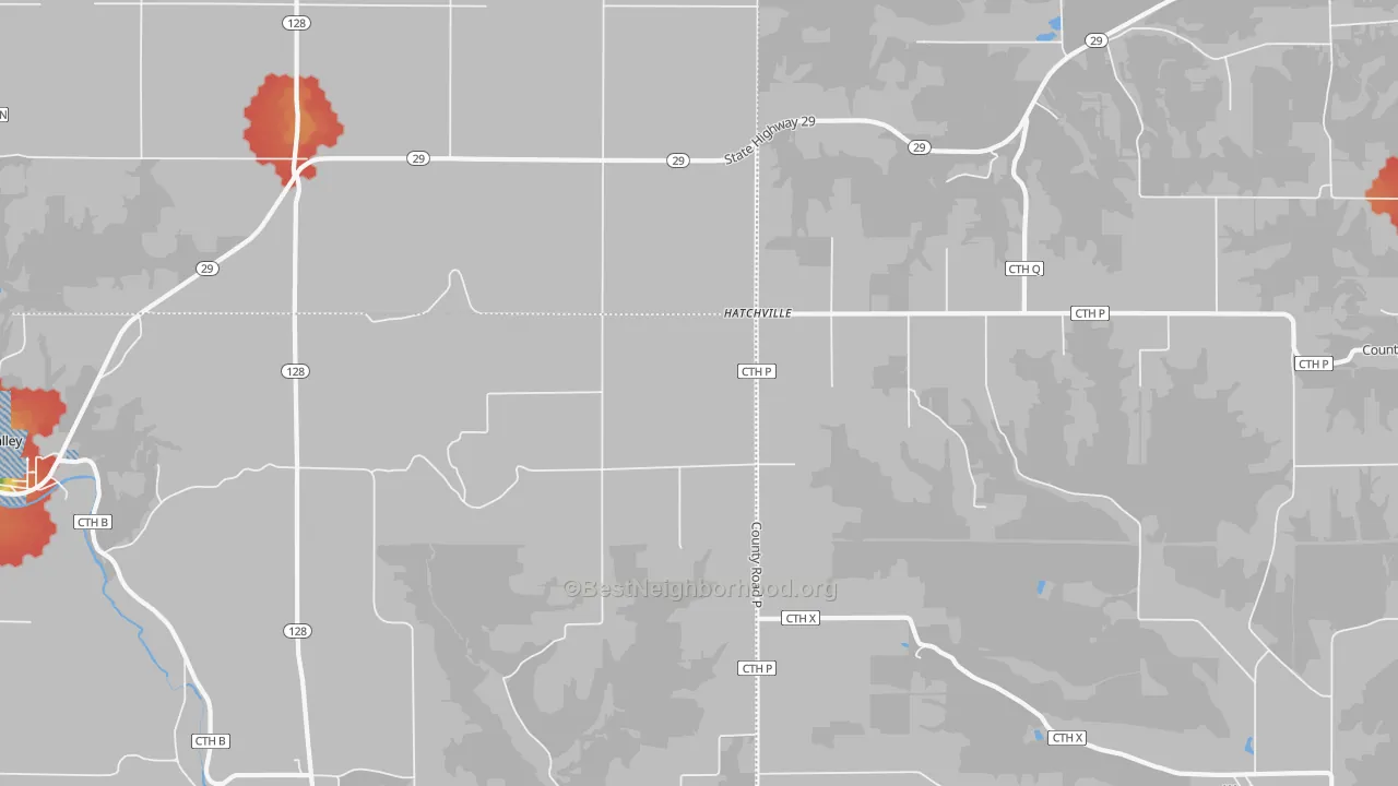 Walk Grade map of Hatchville, WI, walkable areas in green and car-dependent areas in red