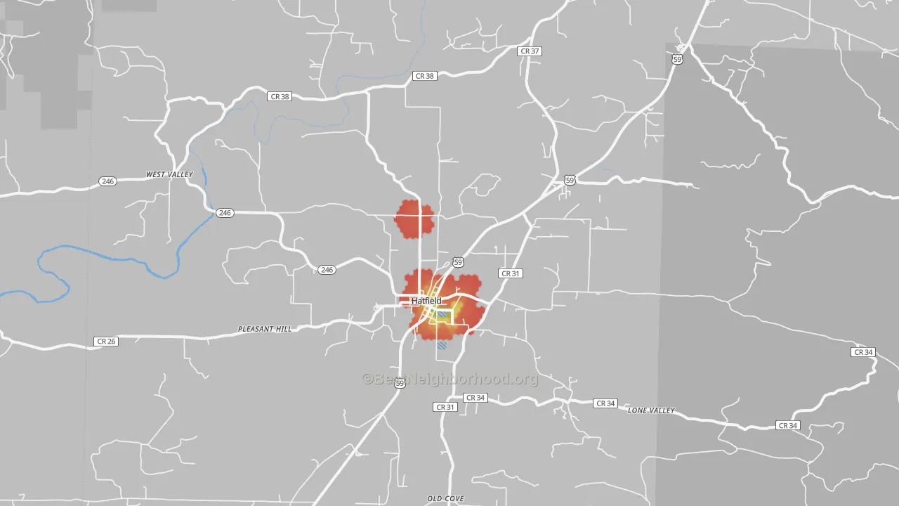 Walk Grade map of Hatfield, AR, walkable areas in green and car-dependent areas in red