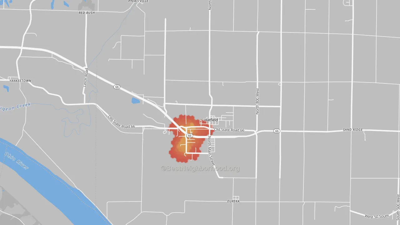 Walk Grade map of Hatfield, IN, walkable areas in green and car-dependent areas in red